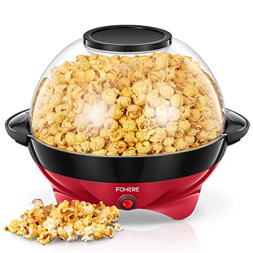 FOHERE Popcornmaschine, 5.5L Popcorn Maker für Zuhause, Popcorn Machine mit Zucker, Öl, Butter, Antihaftbeschichtung und Abnehmbares Heizfläche, Stille und Schnelle, Großer Deckel als Servierschale