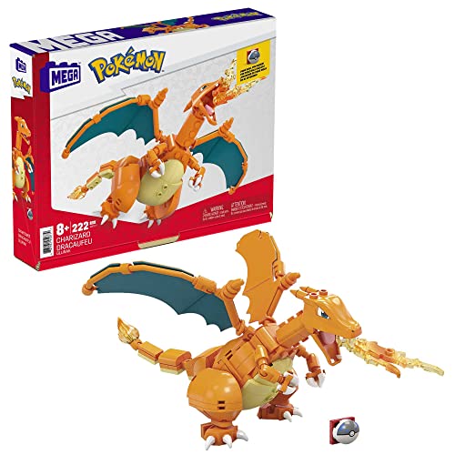 MEGA Pokémon Figuren, Glurak Figur zum Zusammenbauen, mit 223 Bausteinen, mit beweglichen Flügeln und Pokéball-Stift, Höhe: 10cm, Pokémon Spielzeug, Spielzeug ab 6 Jahre, GWY77