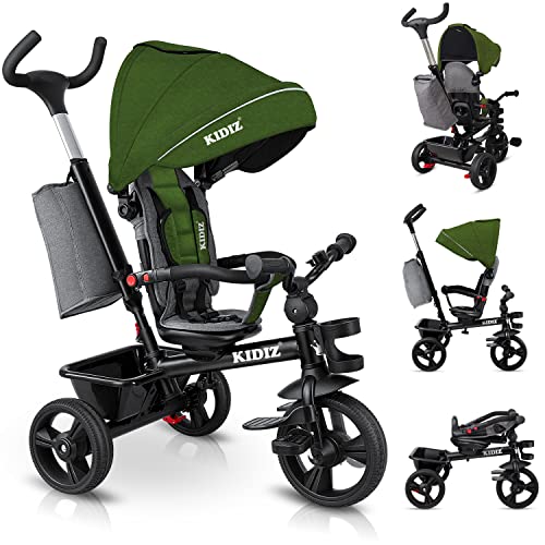 KIDIZ® Dreirad 5in1 Kinderdreirad mit Schubstange Lenksystem Stange ab 1 Jahr vorwärts und Rückwärtsfahrt Jogger, Korb Tasche Getränkehalter Sonnendach Gummiräder, Buggy Fahrrad Baby Klappbar Khaki