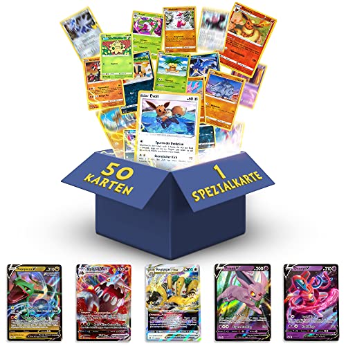 Pokemon Karten deutsch 50 Verschiedene Original Pokemon | 1 V, VMAX, VSTAR, EX | 3X Holo | 1x Rare | 1 zufällige Pikachu, Evoli, Dedenne aktuelle Sets + 1 Heartforcards® Toploader