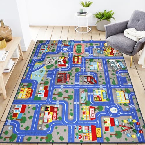 Capslpad Kinder Teppich Spielmatte 150x200cm Waschbar Verkehr Straßenteppich rutschfest Große Kinder Bildungs- & Spielbereich Teppich für Kleinkind Jungen Schlafzimmer Spielzimmer Klassenzimmer Dekor