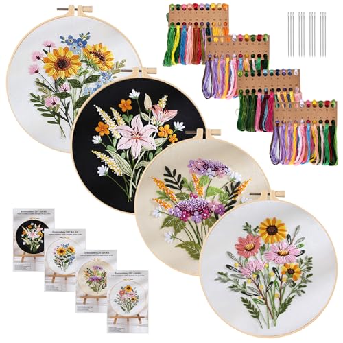 SUNOYA 4 Stück Stickset Embroidery Kit, Stickerei Set Anfänger, Sticken Set Erwachsene, Stick Sets zum Sticken Anfänger Stickbilder Vorgedruckt Kreuzstich mit Blumenmuster für DIY Kunst, Handwerk