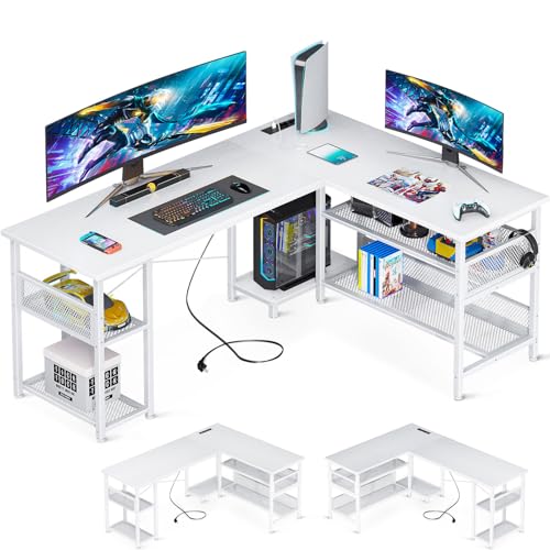 ODK Gaming Tisch, Reversibel Gaming Schreibtisch mit 2 Steckdosen und 2 USB Ladeanschluss, Maximale Organisation & Stauraum, Weiß, 150×102cm