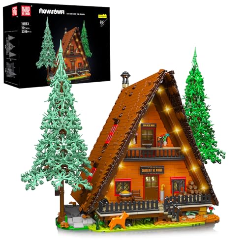 Mould King 16053 A-Frame Cabin Lighting Modellbausatz, Baumhaus Holzhütte Modulares Haus Bauklötze Set mit LED Set, Geschenk zu Weihnachten für 14+(3398 Teile)