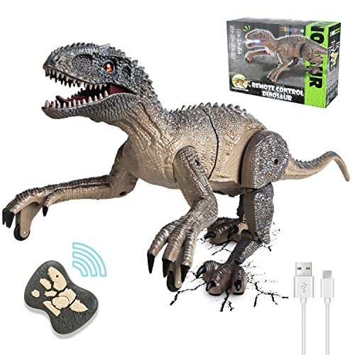 Kizmyee Dinosaurier Spielzeug, Dino Ferngesteuertes Velociraptor für Kinder, Realistische Gehbewegungen, Brüllt, Leuchtende Augen und Kopfschütteln, Geschenk für Jungen und Mädchen