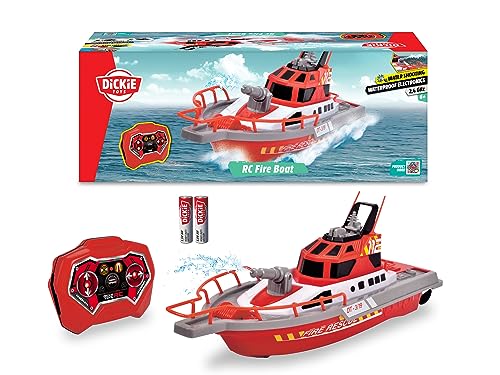 Dickie Toys 201107000 Feuerwehrboot, ferngesteuertes Boot mit Funksteuerung, Feuerwehr, Wasserspritzfunktion, 3 Kanäle, 27 MHz, USB-Aufladung, Geschwindigkeit max 3 km/h, für Kinder ab 6 Jahren
