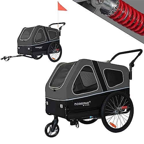 Doggyhut S-Line XL Hundeanhänger & Hundebuggy mit Federung 2 in 1 Hunde Fahrradanhänger Jogger gefedert bis 45 kg (Grau/Schwarz)