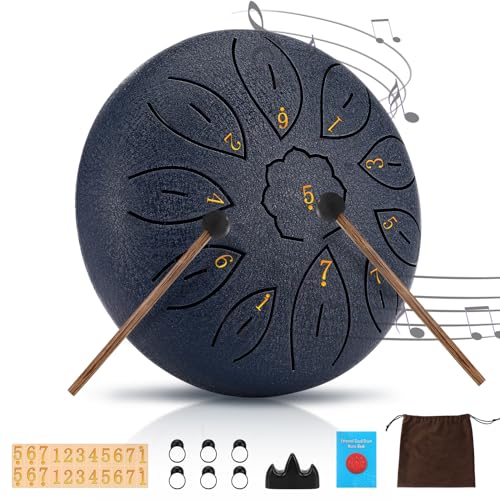 Zungentrommel, 6 Zoll Steel Tongue Drum, Hand Pan Drum, 11 Tone Pan Töne Schlaginstrument, Scheibentrommel, Fingerlinge Trommelstock Trommelstockständer Musikbuch Aufbewahrungstasche Einfach zu Lernen