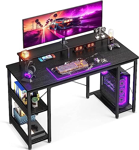 ODK Gaming Schreibtisch Schwarz, Schreibtische mit Regal Reversibel, Computertisch mit Monitorständer, 120x50x86.5cm PC Tisch für Büro, Wohnzimmer
