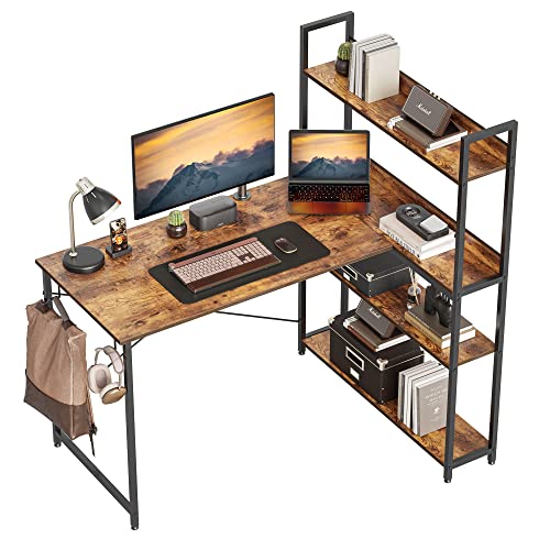 CubiCubi Computertisch mit Ablagefächern, 120cm Schreibtisch Kleiner L-förmiger Eckschreibtisch mit Regalen, Braun