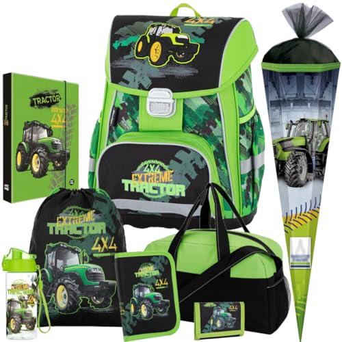 Generisch Traktor - Bulldog - Oxy Bag Premium Schulranzen-Set 8tlg. mit Schultüte, Sporttasche, Trinkflasche und Brustbeutel - Heftbox A4 gratis