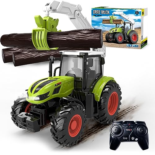 Ferngesteuerter Traktor Ferngesteuert, Traktor Spielzeug ab 2 3 4 Jahre, Bauernhof Spielzeug ab 2 3 Jahre, Rc Traktor mit Holzgreifer und 3 Baumstämme