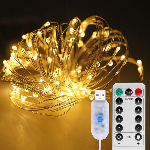 ILantule 10M LED Lichterkette aus Kupferdraht,lichterketten außen/innen mit Stecker,LED Lichterketten USB mit Fernbedienung,für Weihnachtsdeko,Innen(Warm weiß)