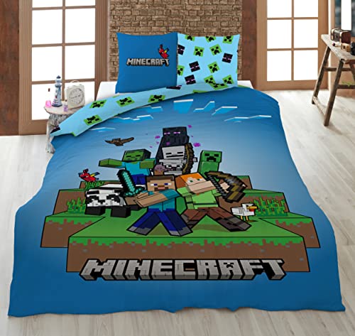 AYMAX Minecraft Ready to Survive 100% Kinderbettwäsche-Set 135x200 cm Einzelbettgröße - Bettbezug + Kissenbezug 80x80 cm, Microfaser