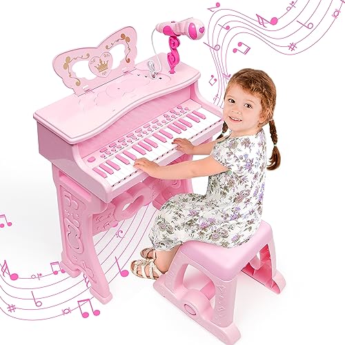 Kinder Klavier Piano-Elektronisches Musikinstrument mit 37 Tasten für Mädchen,Geschenk,Pädagogisches Musikspielzeug mit Abnehmbaren Beinen,Mikrofon,Mehreren Musikmodi,Licht,Hocker(ROSA)