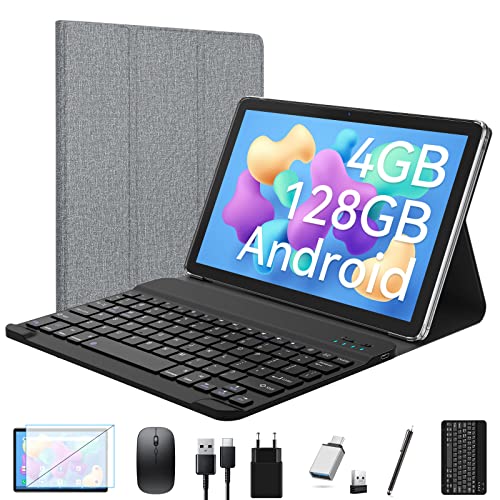 2024 Neueste Tablet 10 Zoll,2-in-1 Tablet Mit Tastatur,5G Wifi Android Tablet Pc-128GB ROM(1TB TF),Bluetooth 5.0,Octa-core1.8Ghz,1080 FHD,13MP+8MP Kamera,7000mAh,GMS-Zertifizierung,Typ-C/GPS/OTG-Grau