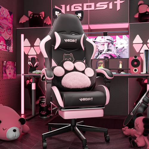 Vigosit Cute Gaming Stuhl mit Katzenpfote Lendenkissen und Katzenohren, Ergonomische Gamer Stuhl mit Fußstütze, Zurücklehnen PC-Spiel Stuhl für Mädchen, Teenager, Kinder, schwarz rosa