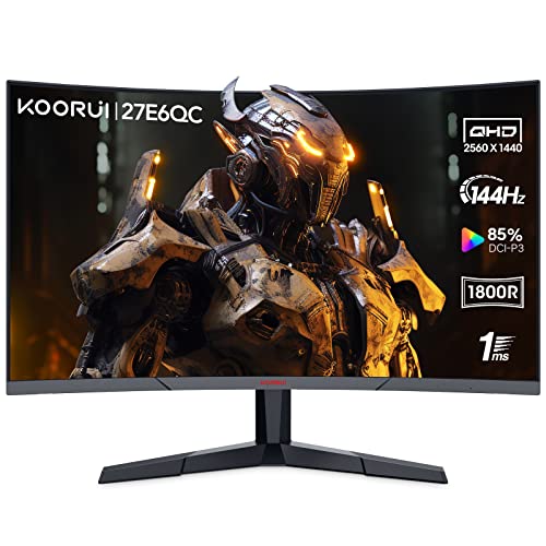 KOORUI Gaming Monitor 27 Zoll, 1800R Fläche Bildschirm 2560X1440 (QHD), 144HZ 1ms Mornitor, DCI-P3 85%, Ultradünne Blende, Einstellbare Neigung, Unterstützt HDMI/DP