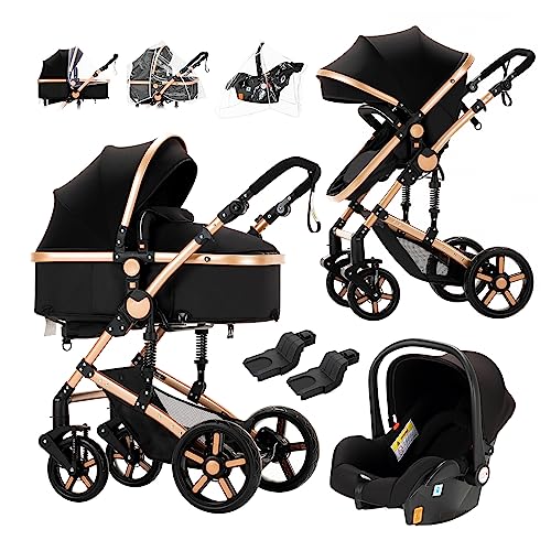 Prokoke Kinderwagen 3 in 1, Buggy mit Umkehrbarem Zwei-Wege-Schub, Kinderwagen Rahmen Aluminiumlegierung, Kombikinderwagen 3 in 1 Einem Klick Faltbar Baby Kleinkind Neugeborene (black gold 588)