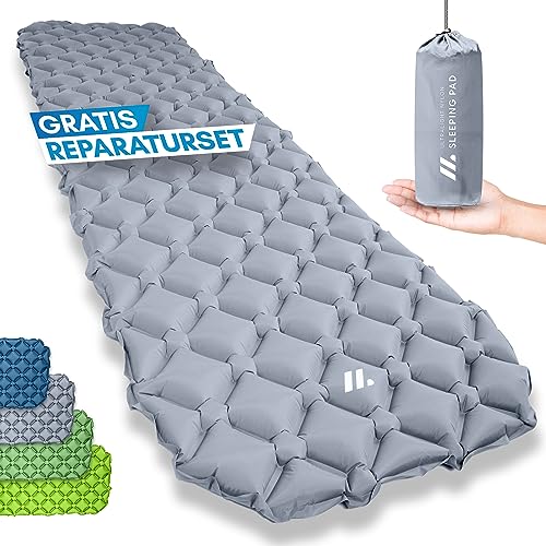 NORDMUT® 500g Isomatte Ultraleicht [mit Reparaturset] - Aufblasbare Luftmatratze Camping kleines Packmaß - Camping Matratze Wetterfest für Outdoor Zelt & Festivals - Grau