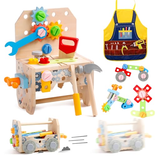 Werkbank Kinder Werkzeugkoffer Spielzeug ab 2 Jahre, Kinderwerkzeug Holzwerkzeug Montessori Spielzeug ab 2 3 4 Jahre Junge Mädchen, 3 in 1 Werkzeug Kinder Lernspiele Geschenk Junge 2+ Jahre(52 Stück)