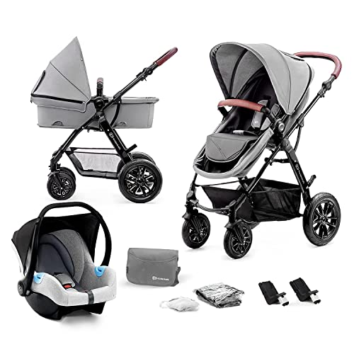 Kinderkraft Kinderwagen 3 in 1 MOOV, Kinderwagenset, Sportwagen, Buggy, Babyschale, Große Räder, Luftreifen Hohe, Verarbeitungsqualität, Bequemer, Grau, Kein Seitengriff vorhanden