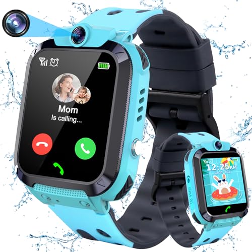 LITEYPP Smart Watch Kids-Smartwatch Kinder mit GPS und Telefon Voice Chat für Jungen Mädchen Geschenk, SOS IP67 Wasserdicht Spiel Kamera Wecker Touchscreen, Smartwatch mit SIM Karte(Blau)