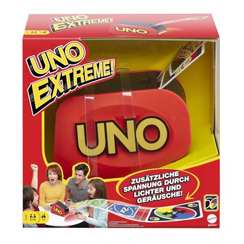 Mattel Games UNO Extreme!, Uno Kartenspiel für die Familie, mit Kartenwerfer, Perfekt als Kinderspiel, Reisespiel oder Spiel für Erwachsene, für 2-10 Spieler, ab 7 Jahren, GXY75