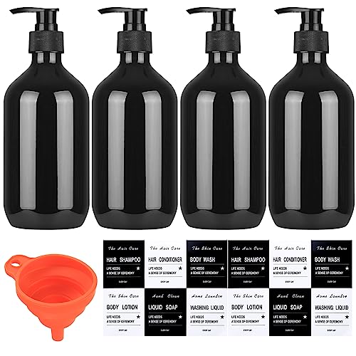 4 Stück Nachfüllbare Leere Shampooflaschen, 500 ml Seifenspender Flaschen, Kunststoff Pumpflaschen Lotionspender für Flüssigseife Shampoo Conditioner Duschgel, Aufkleber. (Schwarz)