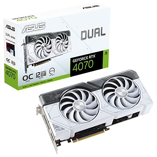 ASUS Dual GeForce RTX 4070 OC White Edition 12GB GDDR6X Gaming Grafikkarte (NVIDIA GeForce RTX4070 DLSS3, PCIe 4.0, 1x HMDI 2.1, 3X DisplayPort 1.4a, DUAL-RTX4070-O12G-WHITE) weiß