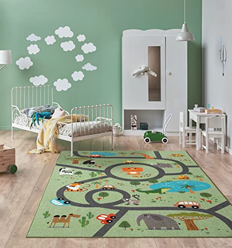 the carpet Happy Life Kinderzimmer, Kinderteppich, Spielteppich, Waschbar, Straßenteppich, Straße, Dschungel, Tiere, Auto, Grün, 120 x 160 cm