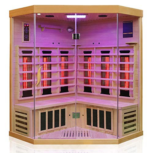 Dewello® Infrarotkabine Infrarotsauna BRANDON 140cm x 140cm Dual-Therm für 1-2 Personen aus Hemlock Holz mit Vollspektrumstrahler, Bodenstrahler, LED-Farblicht, Bluetooth, FM,MP3,USB