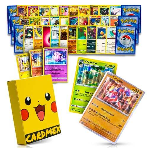 CARDMEX 50 original Pokemon Karten Set in deutsch - mit 4X Holo/Reverse/Glitzer & 3X Rare Sammelkarten und Schutzbox - eigene Pokemonkarten Zusammenstellung