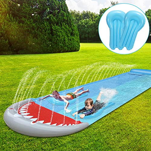 Ansobea 550x145cm Wasserrutsche, Doppel Wasser Rutsche, Wasserspielzeug Wassermatte mit 2 Bodyboards, Sommerspielzeug mit Sprinkler, Hai-Stil Outdoor Wasserrutschmatte für Kinder
