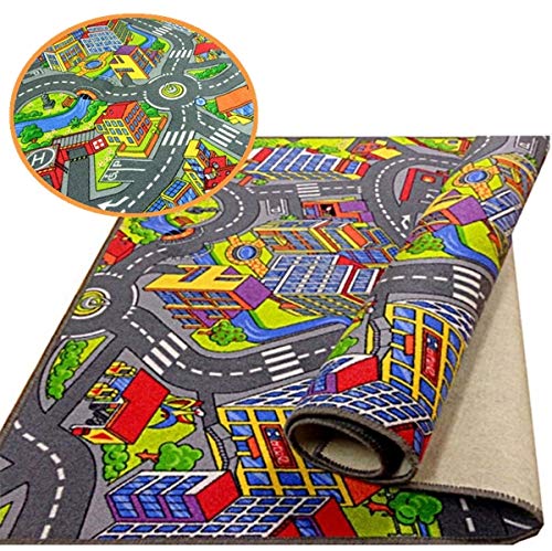 rg-vertrieb Kinderteppich Spielteppich Straßenteppich Stadt Kinderzimmer Häuser Auto Teppich für Jungen und Mädchen (80 x 120 cm)