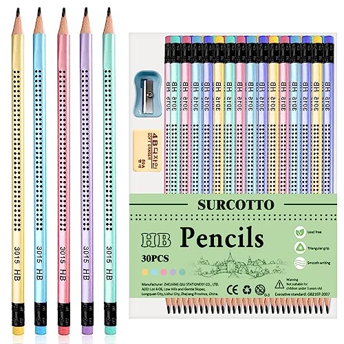 Surcotto Bleistifte HB, 30 Stk HB Bleistifte mit Radiergummi und Spitzer, vorgespitzte Dreiecksstifte zum Schreiben, Zeichnen von Kindern in der Schule und zu Hause, Neue Verpakung
