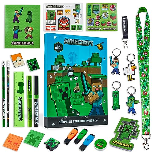 Minecraft Adventskalender 2023 Kinder - 24 Überraschungen, Schreibwaren, Spielzeug Ab 3 Jahre Junge, Notizbücher, Sticker Weihnachtsgeschenke Kinder Jungen und Madchen (Grün)
