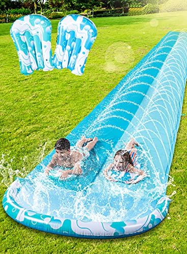Sloosh 6,9m Double Water Slide, Heavy Duty Rasen Wasserrutsche mit Sprinkler und 2 Slip aufblasbare Bretter für Sommer Party aufblasbare Wasserrutschen Garten Kinder Wasserrutsche